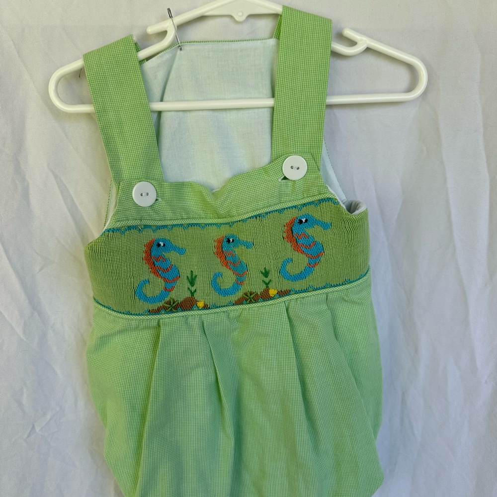 Green Gingham Kids Bubble with Seahorse Smocking